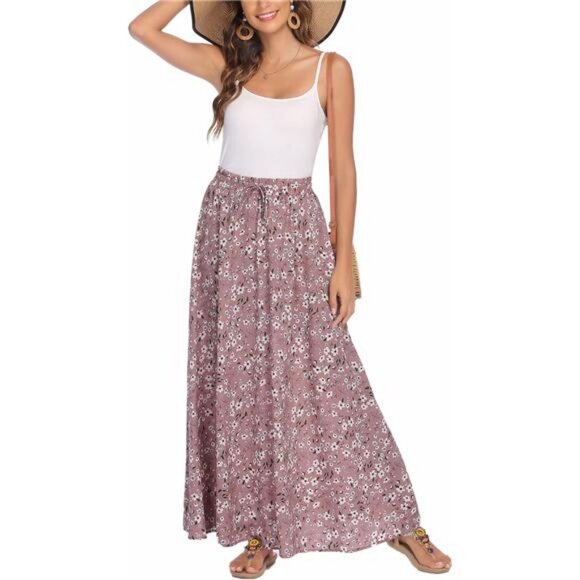 Women Flowy Long Skirts Summer Beach Pleated Elastic High Waisted - Picture 2 of 7